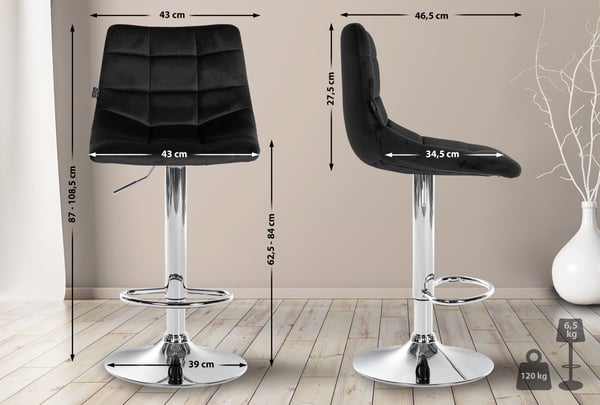 Sæt med 2 barstole Jerry Velvet I Højdejusterbar barstol I 360° drejestol med ryglæn I Skammel med fodstøtte