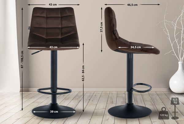 Sæt med 2 barstole Jerry Velvet I Højdejusterbar barstol I 360° drejestol med ryglæn I Skammel med fodstøtte