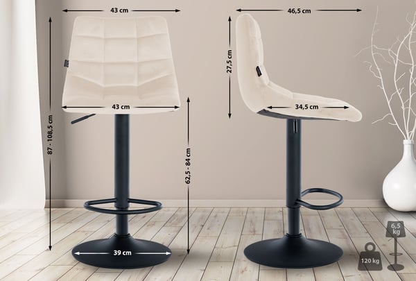 Sæt med 2 barstole Jerry Velvet I Højdejusterbar barstol I 360° drejestol med ryglæn I Skammel med fodstøtte