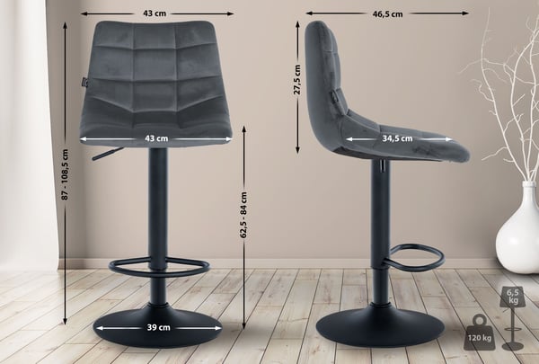 Sæt med 2 barstole Jerry Velvet I Højdejusterbar barstol I 360° drejestol med ryglæn I Skammel med fodstøtte