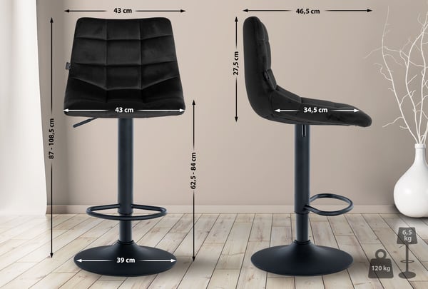 Sæt med 2 barstole Jerry Velvet I Højdejusterbar barstol I 360° drejestol med ryglæn I Skammel med fodstøtte