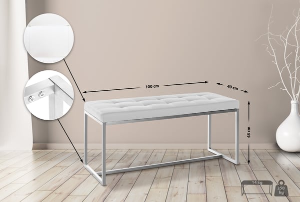 Rustfri stålkøkkenbænk Barci Kunstlæder I Moderne 2-sæderbænk Med Polstring Til Spisestue, Køkken Og Kontor I Siddhøjde 48 CM