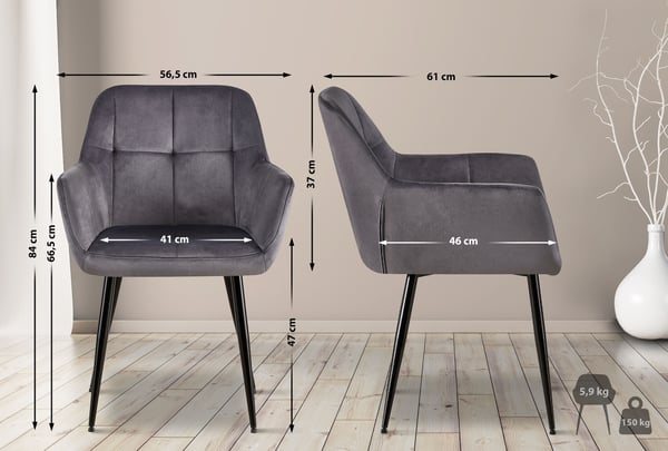 Emia besöksstol med sammetsöverdrag I stoppad stol med robust metallram I köksstol med golvskydd