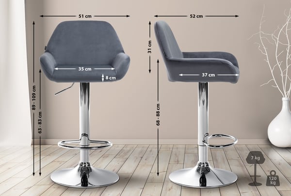 Barstol Braga fløjlsbetræk med metalstel I Højdejusterbar og 360 drejelig I Moderne barstol med fodstøtte til køkken og bar