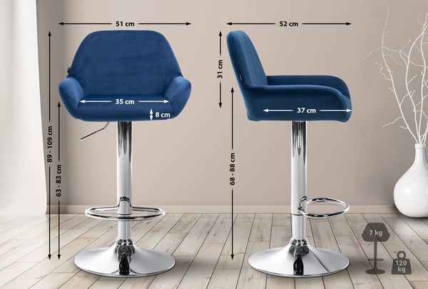 Barstol Braga fløjlsbetræk med metalstel I Højdejusterbar og 360 drejelig I Moderne barstol med fodstøtte til køkken og bar