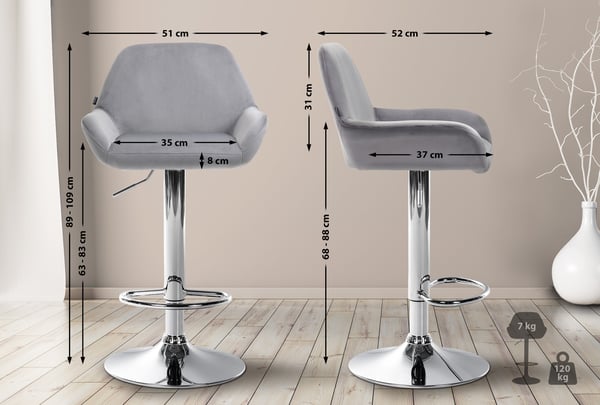 Barstol Braga fløjlsbetræk med metalstel I Højdejusterbar og 360 drejelig I Moderne barstol med fodstøtte til køkken og bar