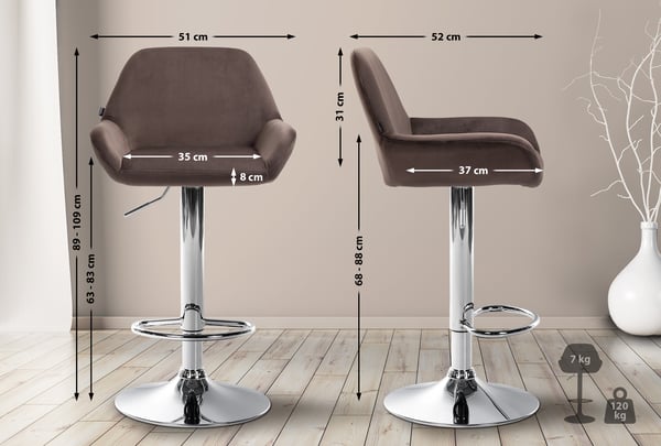 Barstol Braga fløjlsbetræk med metalstel I Højdejusterbar og 360 drejelig I Moderne barstol med fodstøtte til køkken og bar