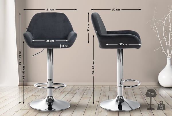 Barstol Braga fløjlsbetræk med metalstel I Højdejusterbar og 360 drejelig I Moderne barstol med fodstøtte til køkken og bar