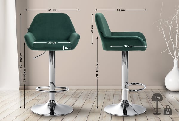 Barstol Braga fløjlsbetræk med metalstel I Højdejusterbar og 360 drejelig I Moderne barstol med fodstøtte til køkken og bar