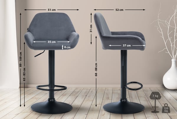 Baarijakkara Braga samettipäällinen metallirungolla I korkeus säädettävä ja 360 kääntyvä I baarituoli jalkatuella keittiöön