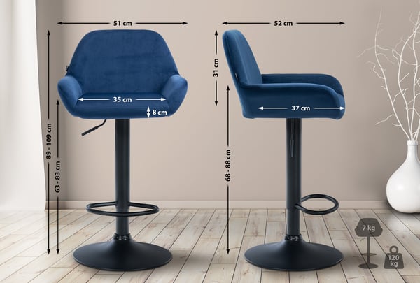 Baarijakkara Braga samettipäällinen metallirungolla I korkeus säädettävä ja 360 kääntyvä I baarituoli jalkatuella keittiöön