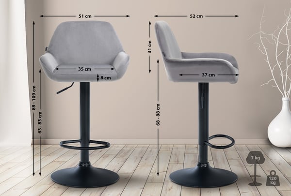 Baarijakkara Braga samettipäällinen metallirungolla I korkeus säädettävä ja 360 kääntyvä I baarituoli jalkatuella keittiöön