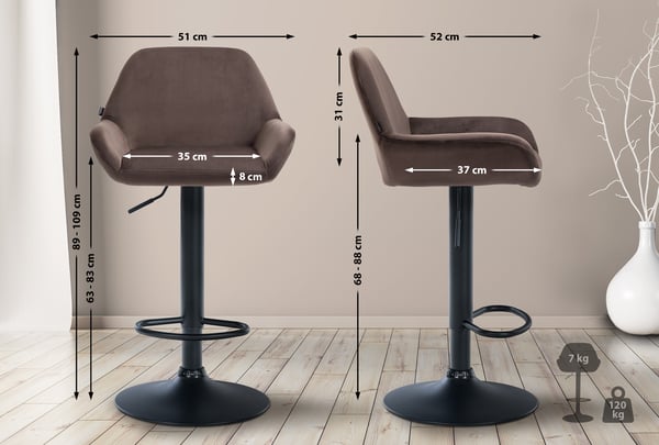 Barstol Braga fløjlsbetræk med metalstel I Højdejusterbar og 360 drejelig I Moderne barstol med fodstøtte til køkken og bar