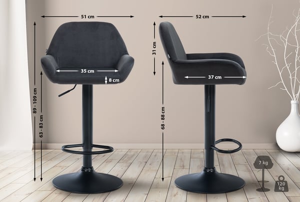 Barstol Braga fløjlsbetræk med metalstel I Højdejusterbar og 360 drejelig I Moderne barstol med fodstøtte til køkken og bar