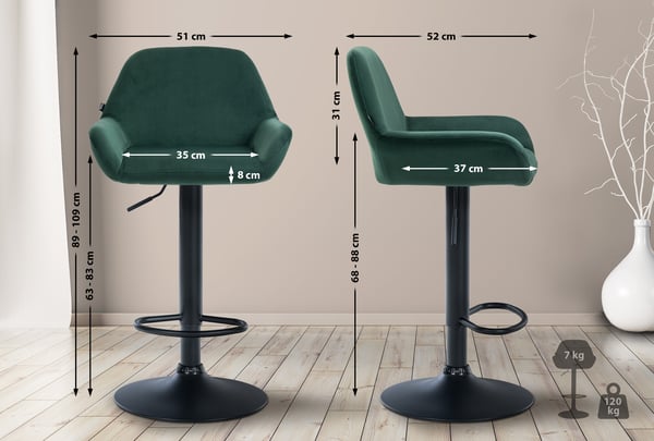 Barstol Braga fløjlsbetræk med metalstel I Højdejusterbar og 360 drejelig I Moderne barstol med fodstøtte til køkken og bar