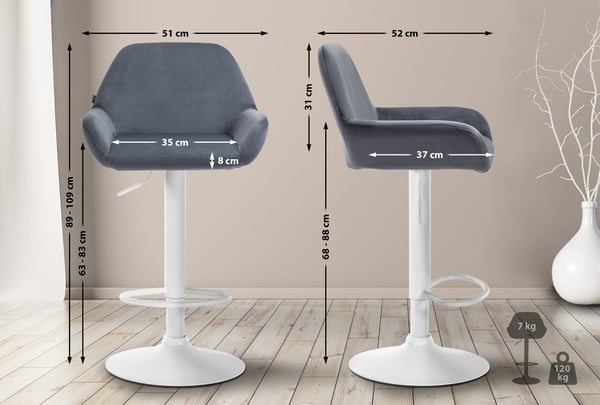 Barstol Braga fløjlsbetræk med metalstel I Højdejusterbar og 360 drejelig I Moderne barstol med fodstøtte til køkken og bar