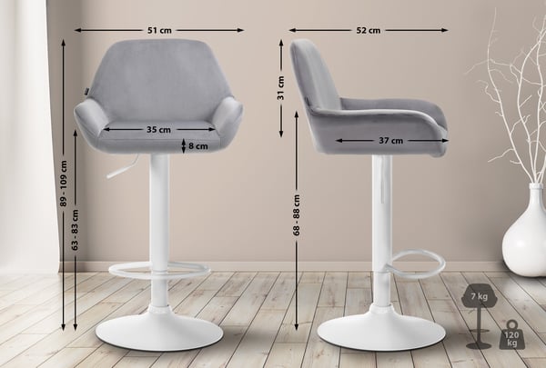 Barstol Braga fløjlsbetræk med metalstel I Højdejusterbar og 360 drejelig I Moderne barstol med fodstøtte til køkken og bar