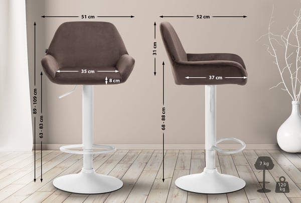 Barstol Braga fløjlsbetræk med metalstel I Højdejusterbar og 360 drejelig I Moderne barstol med fodstøtte til køkken og bar