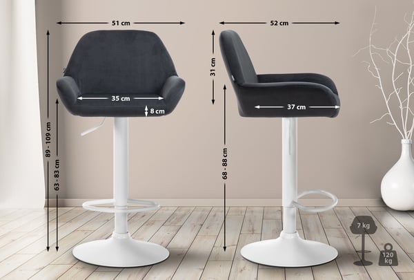 Barstol Braga fløjlsbetræk med metalstel I Højdejusterbar og 360 drejelig I Moderne barstol med fodstøtte til køkken og bar
