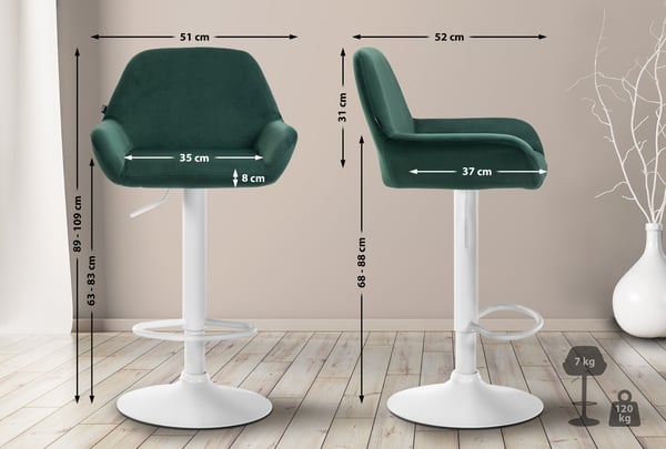 Barstol Braga fløjlsbetræk med metalstel I Højdejusterbar og 360 drejelig I Moderne barstol med fodstøtte til køkken og bar