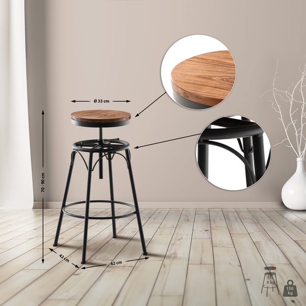 Industrial barstol Beam, justerbar höjd 70-90 cm, träsits, metallram med fotstöd, roterbar för kök, bar, bistro