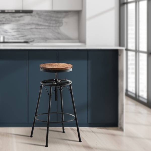 Industrial barstol Beam, justerbar höjd 70-90 cm, träsits, metallram med fotstöd, roterbar för kök, bar, bistro