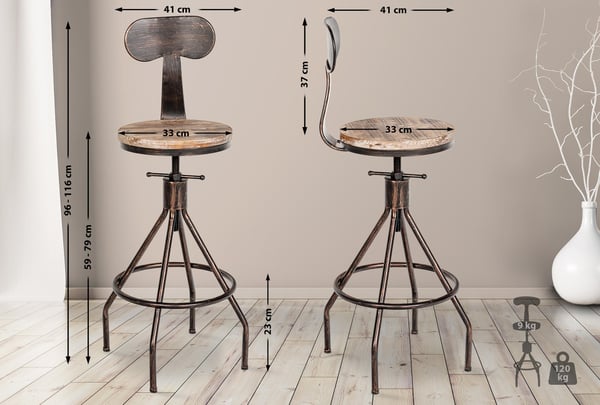 Barstol Hanam i industriell stil I Justerbar höjd med sits och ryggstöd i trä I Metallstol med fotstöd