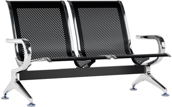 Flygplatsväntbänk, sittbänk med metallram i kromlook, robust väntbänk med ryggstöd och armstöd