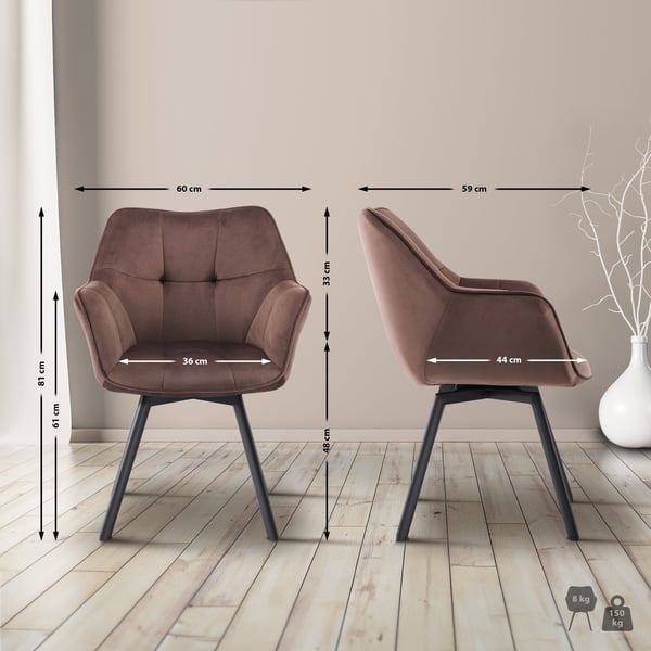 Sæt med 2 Jordi-spisestole i fløjl | Drejelig lænestol til opholds- og spiseområder | Ergonomisk design, bærende op til 150 kg