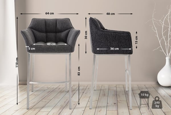 Barstol set om 2 med ryggstöd Damaso, barstolar klädda med tygklädsel, fyrbent metallram, counterpall klarar upp till 240 kg