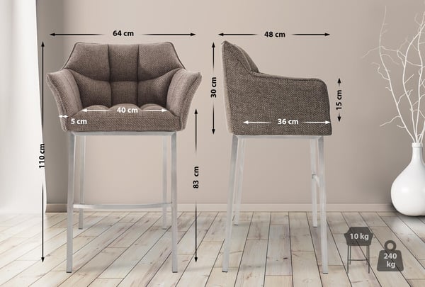 Barstol set om 2 med ryggstöd Damaso, barstolar klädda med tygklädsel, fyrbent metallram, counterpall klarar upp till 240 kg