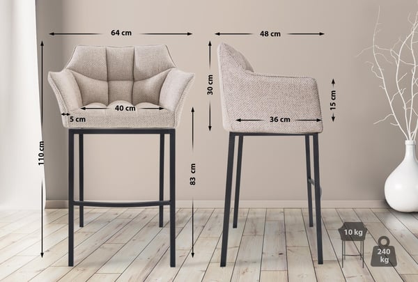 Barstol set om 2 med ryggstöd Damaso, barstolar klädda med tygklädsel, fyrbent metallram, counterpall klarar upp till 240 kg