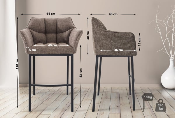 Barstol set om 2 med ryggstöd Damaso, barstolar klädda med tygklädsel, fyrbent metallram, counterpall klarar upp till 240 kg