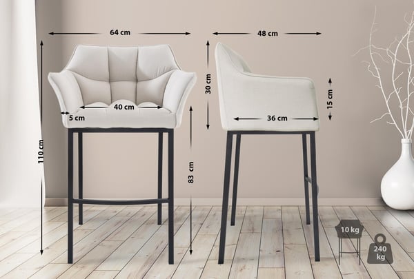 Barstol set om 2 med ryggstöd Damaso, barstolar klädda med tygklädsel, fyrbent metallram, counterpall klarar upp till 240 kg
