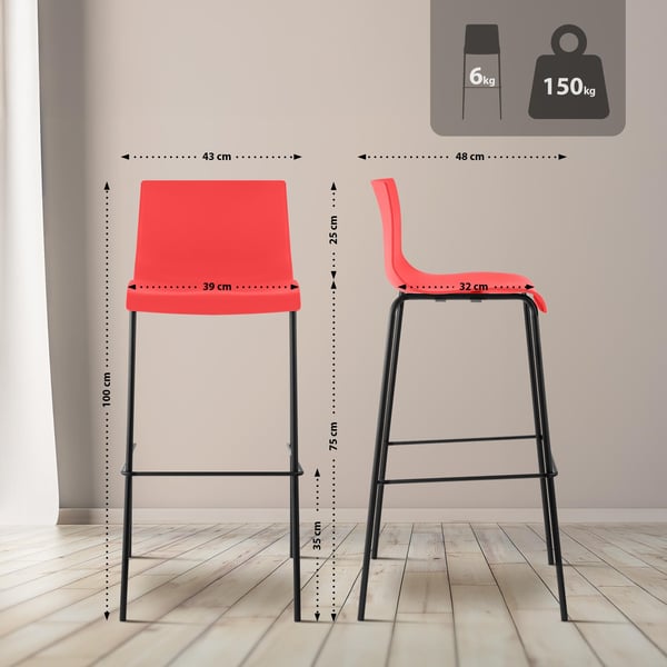 2-pack Barstolar Hover, ergonomisk med ryggstöd och fotstöd, plastsits, robust metallstativ, stapelbar