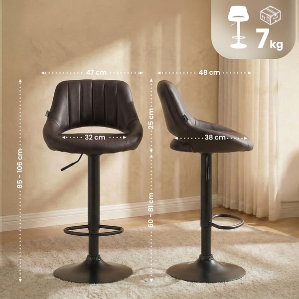 Barstol 2-pack hojdjusterbar med ryggstod Milet, vadderade barstolar i konstlader, snurrbara stolar med metallstativ