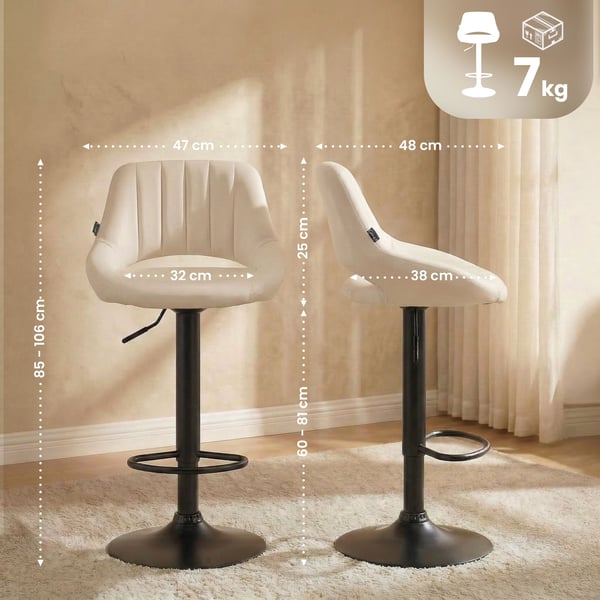 Barstol 2-pack hojdjusterbar med ryggstod Milet, vadderade barstolar i konstlader, snurrbara stolar med metallstativ