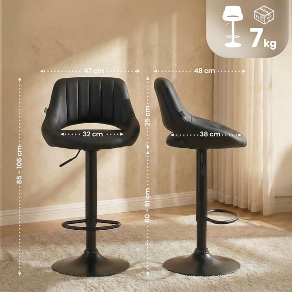 Barstol 2-pack hojdjusterbar med ryggstod Milet, vadderade barstolar i konstlader, snurrbara stolar med metallstativ