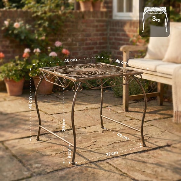 Havebord i jern Zarina, romantisk sidebord i ornamenteret art nouveau-stil til have, terrasse og altan, med gulvbeskyttere