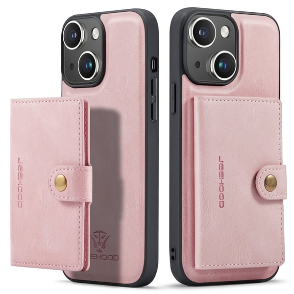 iPhone 15- Läderplånboksfodral med magnetiskt hållare