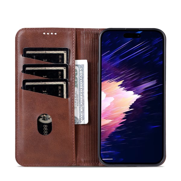 iPhone 15 plus - Pl�nboksfodral Magnetisk i L�der 3-kortfack