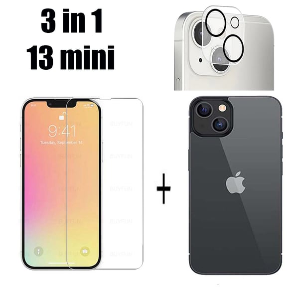 3-PACK 3-in-1 iPhone 13 Mini Fram- & Baksida + Kameralinsskydd