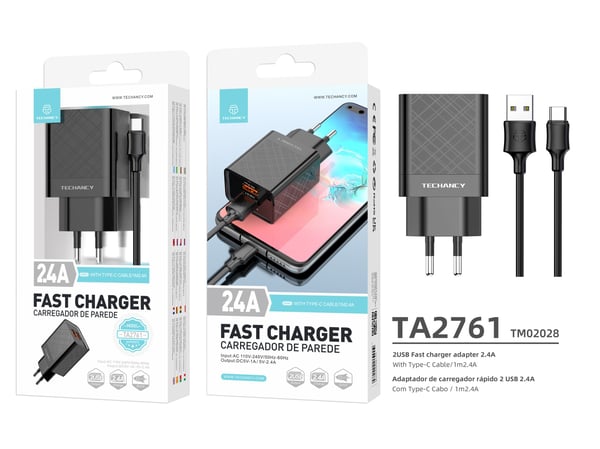 Snabbladdare/Svart USB Typ C/2.4A/1M/Dubbla Portar/Techancy