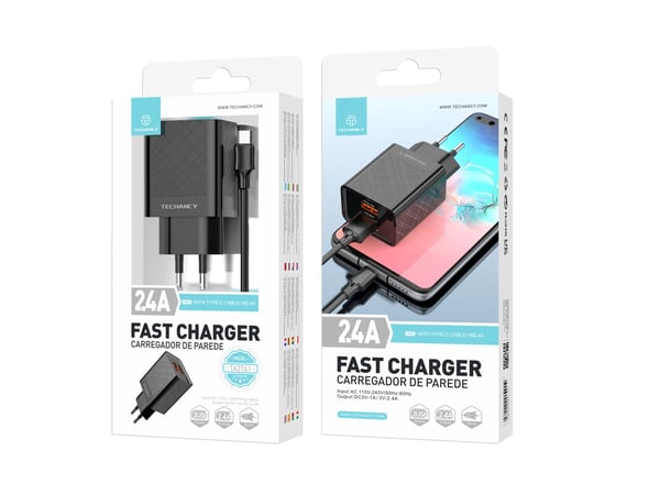 Snabbladdare/Svart USB Typ C/2.4A/1M/Dubbla Portar/Techancy