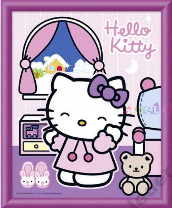 Hello Kitty -maalaus makuuhuoneessa, 25x20 kehystettynä
