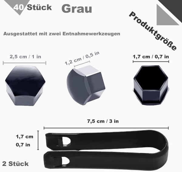 Auton pyöränpulttien suojukset 17 mm harmaa + ulosvetäjä 40 kpl