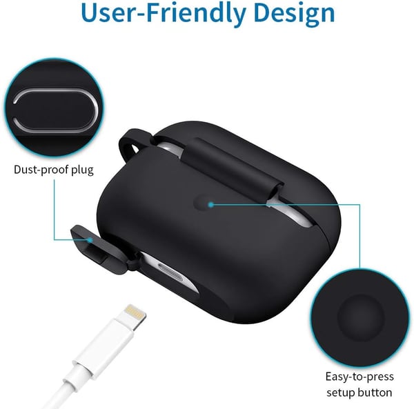 Silikonikotelo AirPods Pro 1/2 -kuulokkeille, musta, karabiinihaalla
