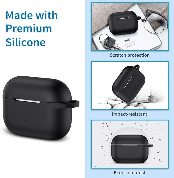 Silikonikotelo AirPods Pro 1/2 -kuulokkeille, musta, karabiinihaalla
