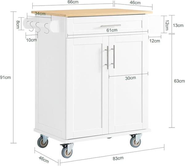 SoBuy Køkkenvogn i bambus – Rullevogn med skuffer og skabe| Hvid 83x46x91cm FKW13-II-WN