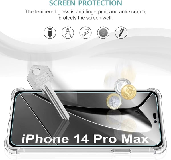 Skal till Apple iPhone 14 Pro Max, silikon, transparent + 3x härdat glas